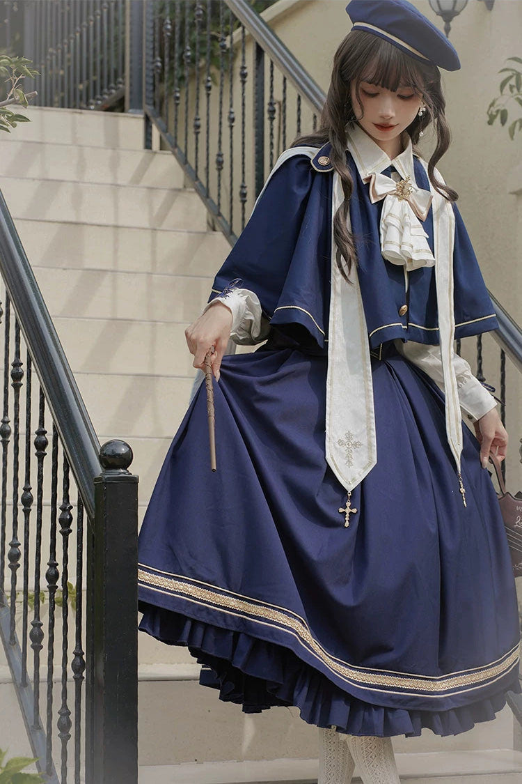 Blue [Choir] Sleeveless Ruffled Lace-Up Classic Military Preppy Style Lolita Bustier Dress Set - Product - 7
