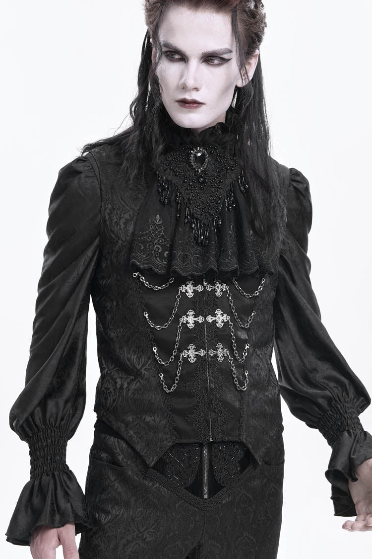 Black Sleeveless Jacquard Chain Buckle-up Men's Gothic Vest - Product - 12