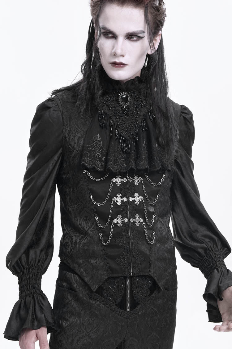 Black Sleeveless Jacquard Chain Buckle-up Men's Gothic Vest - Product - 12