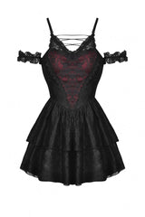 Dark Red Off Shoulder Lace-Up Double-Layered Floral Lace Women's Gothic Sexy Slip Dress - Product - 3