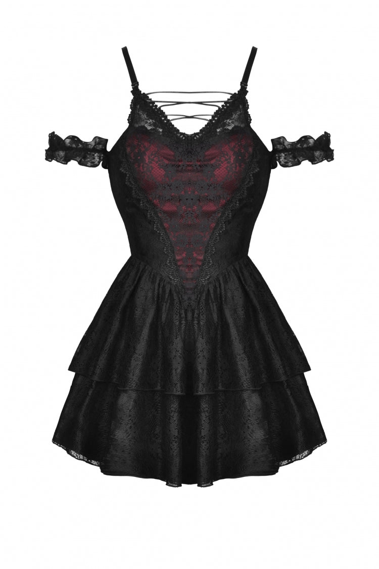 Dark Red Off Shoulder Lace-Up Double-Layered Floral Lace Women's Gothic Sexy Slip Dress - Product - 3