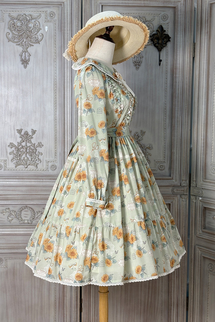 Green [Gardening Sunflower] Long Sleeves Print Ruffle Bowknot Sweet Elegant Lolita Dress - Product - 10
