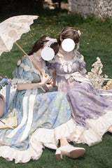 Blue [Oil Painting Sun and Moon Poem] Short Sleeves Print Ruffle Bowknot Sweet Princess Lolita Dress - Product - 2