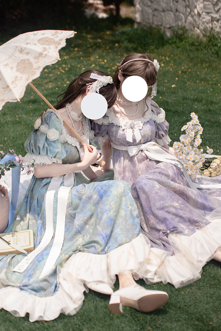Blue [Oil Painting Sun and Moon Poem] Short Sleeves Print Ruffle Bowknot Sweet Princess Lolita Dress - Product - 2