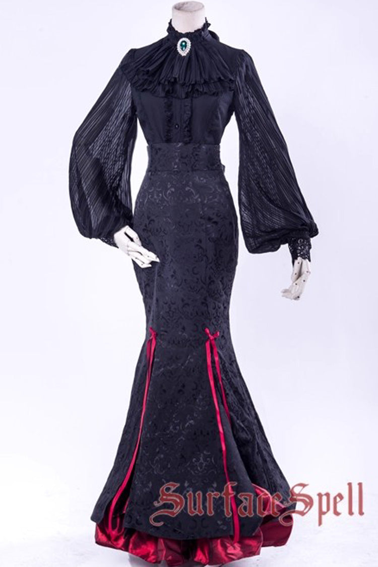 Black/Red [Lorelei] Double-Layered Print Ruffle Gothic Elegant Lolita Jacquard Mermaid Maxi Skirt - Product - 6