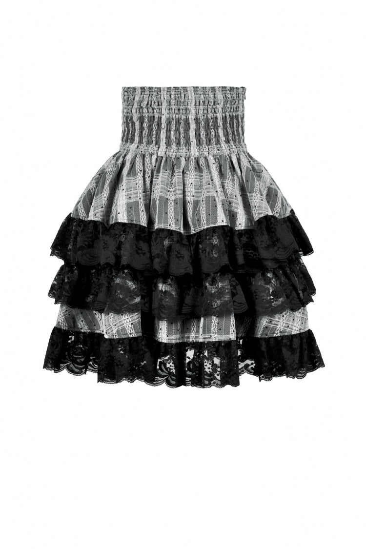 Black/Grey High Waisted Lace-Up Lace Ruffled Layered Hem Women's Lolita Gothic Skirt - Product - 13