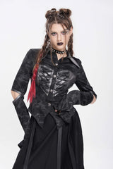 Black Lapel Collar Long Sleeves Print Lace-Up Cutout Women's Punk Blouse - Black - 1