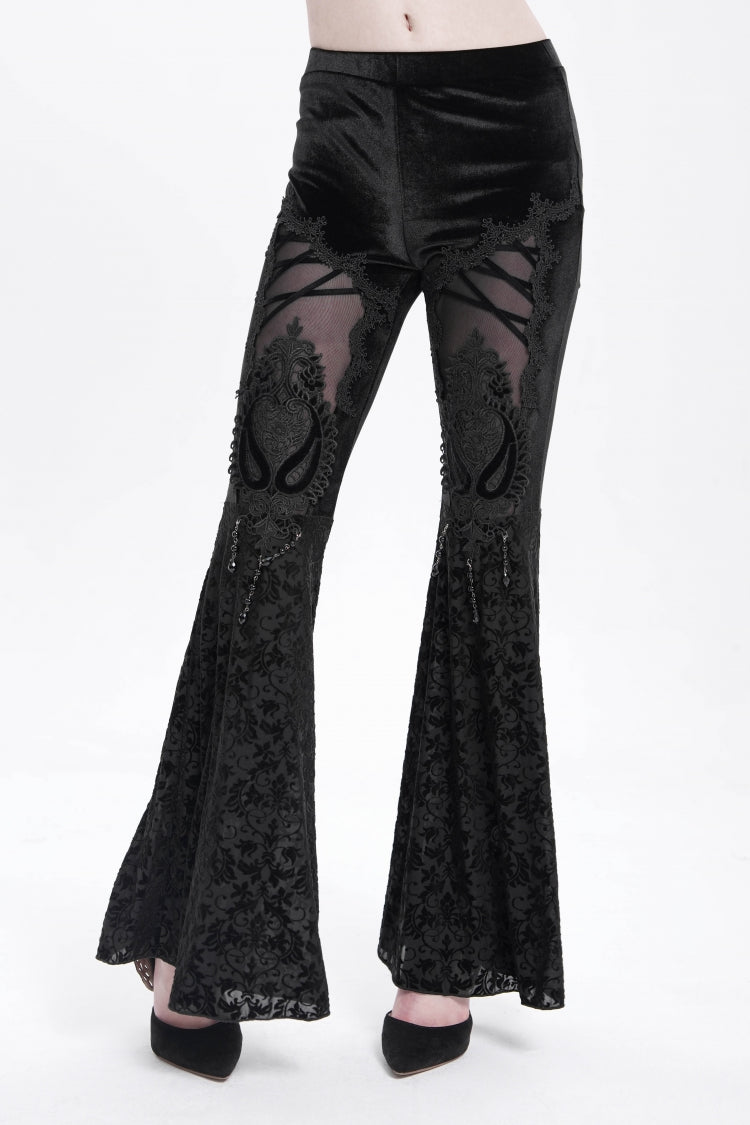 Black Hollow Floral Embroidery Women's Gothic Flared Pants - Product - 2