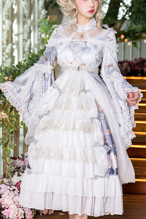 White/Purple Hanayome Cardigan High Waisted Trumpet Sleeves Multi-Layer Ruffled Sweet Lolita OP Dress - White/Purple - 1