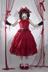 Wine Red [Forest Waltz] Embroidery Bowknot Lace-Up Slim Sweet Elegant Lolita Suspender Top - Product - 8