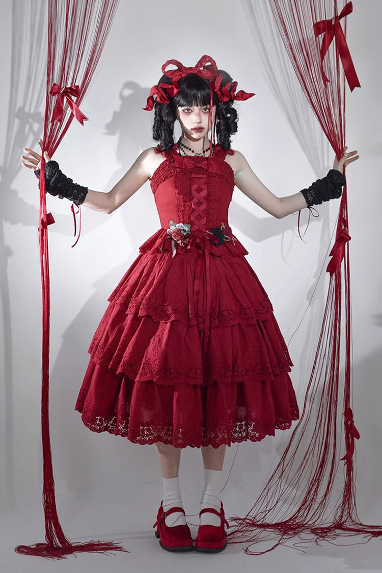 Wine Red [Forest Waltz] Embroidery Bowknot Lace-Up Slim Sweet Elegant Lolita Suspender Top - Product - 8