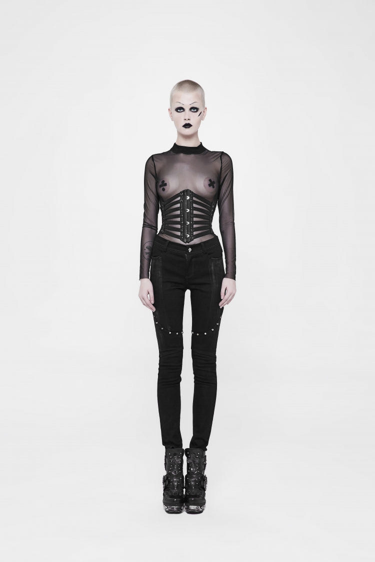Black Lace-Up Slim Buckled Women's Punk Cool Girdle - Black - 1