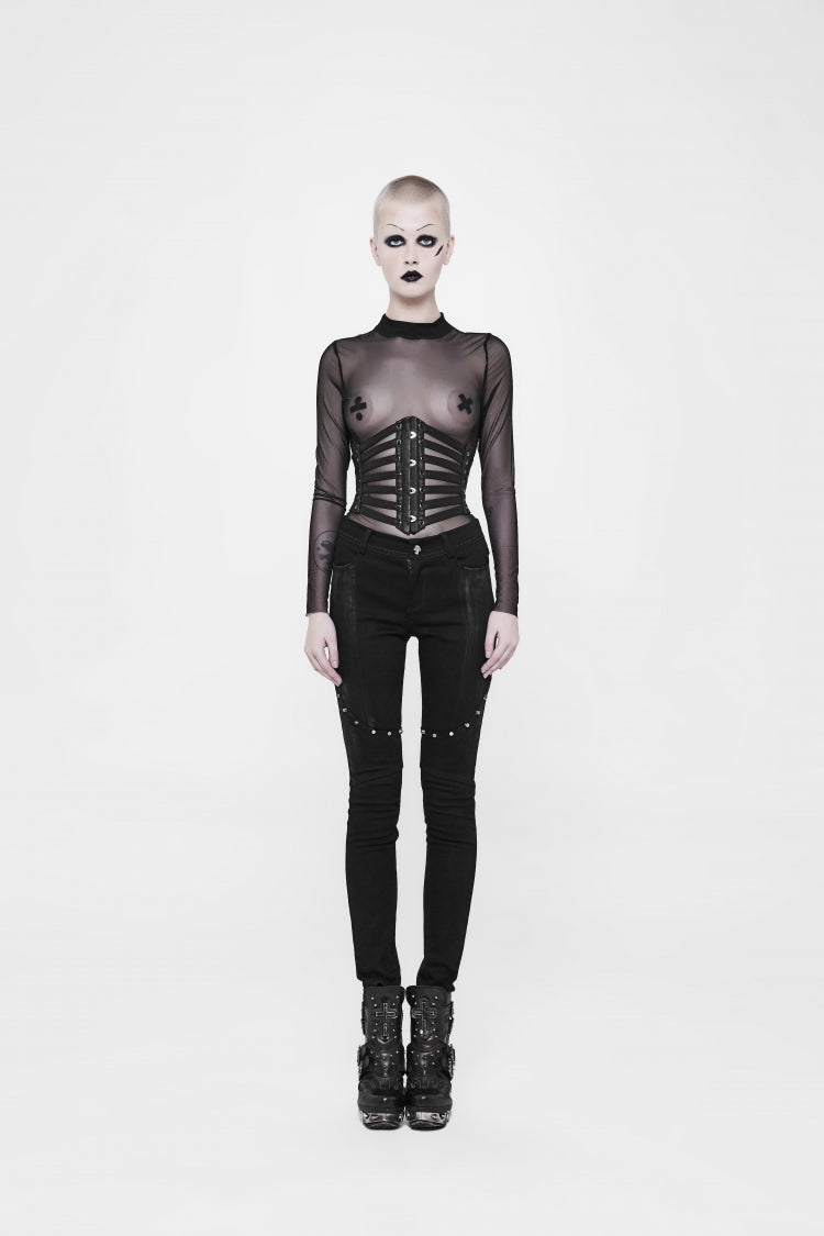 Black Lace-Up Slim Buckled Women's Punk Cool Girdle - Black - 1