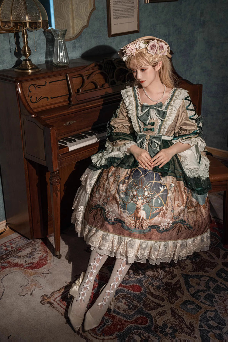 Green Gorgeous Short Sleeves Ruffle Bowknot Print Classic Lolita Dress - Product - 7