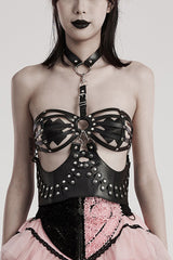 Black Faux Leather Hollow Lace-Up Detachable Women's Steampunk Lingerie - Black - 1