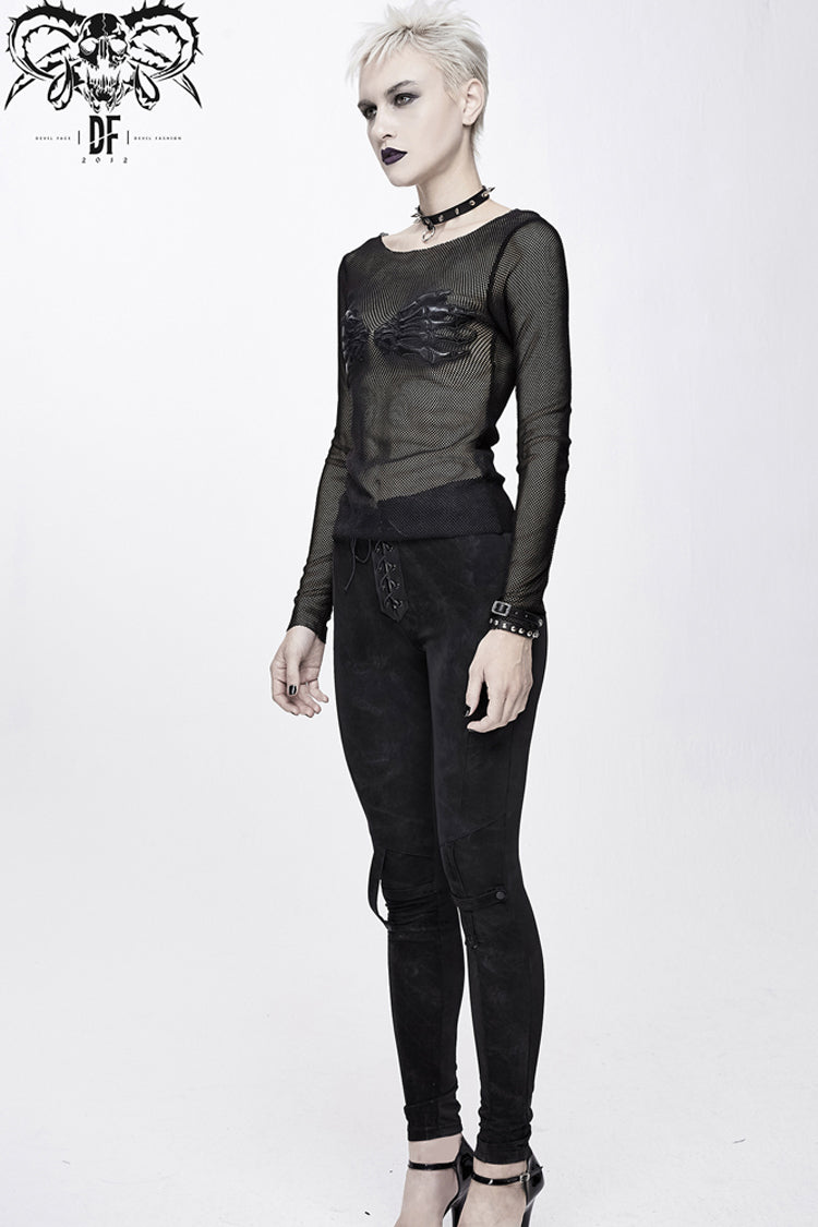 Black Round Collar Chest Skull Palm Long Sleeve Women's Punk Mesh Shirt - Product - 4