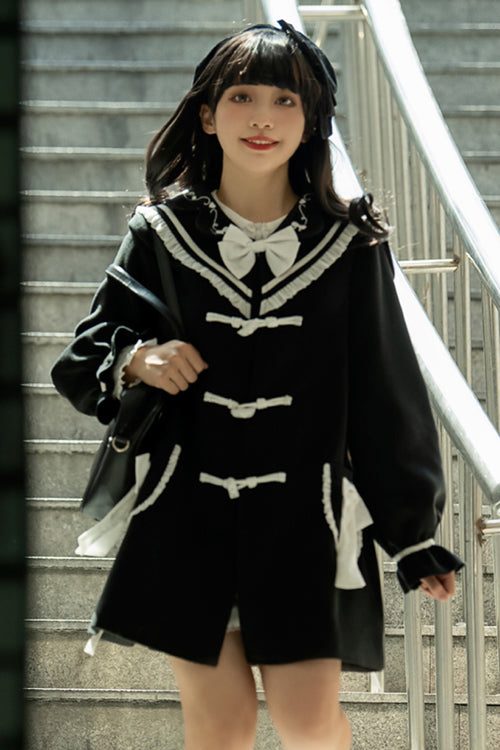 Black Horn Button Suit Collar Lantern Sleeves Back Bow Sweet Lolita Coat - Product - 2