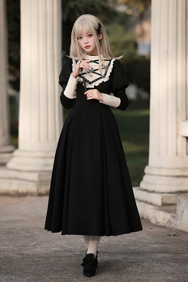 Black Nun Style Stand Collar Long Sleeves Ruffle Bowknot Gothic Elegant Lolita Dress - Product - 4