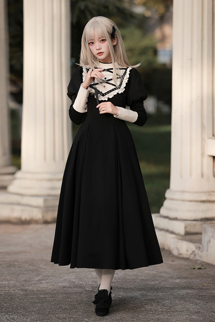 Black Nun Style Stand Collar Long Sleeves Ruffle Bowknot Gothic Elegant Lolita Dress - Product - 4