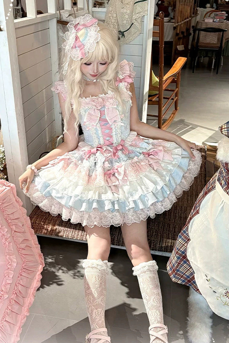 Blue/Pink [Honey Sweet Tart] Square Collar Sleeveless Multi-Layered Jacquard Ruffled Bow Lace Lace-Up Lolita Jsk Dress - Product - 6