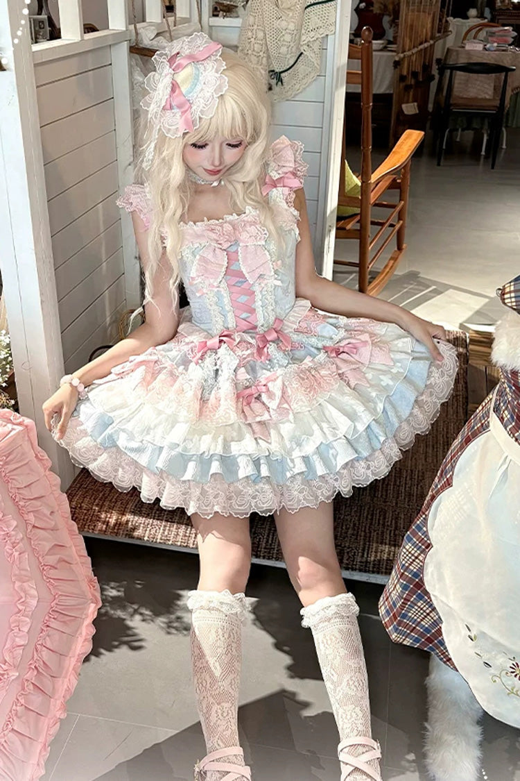 Blue/Pink [Honey Sweet Tart] Square Collar Sleeveless Multi-Layered Jacquard Ruffled Bow Lace Lace-Up Lolita Jsk Dress - Product - 6