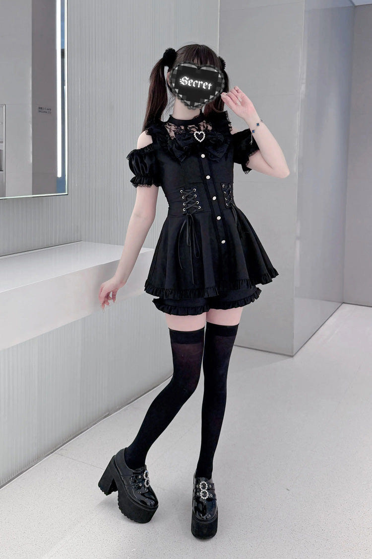 [Silver Candle Elegy”] Short Sleeves Printed Ruffled Cut-Out Bow Gothic Jirai Kei Top and Shorts Set 2 Colors - Product - 6