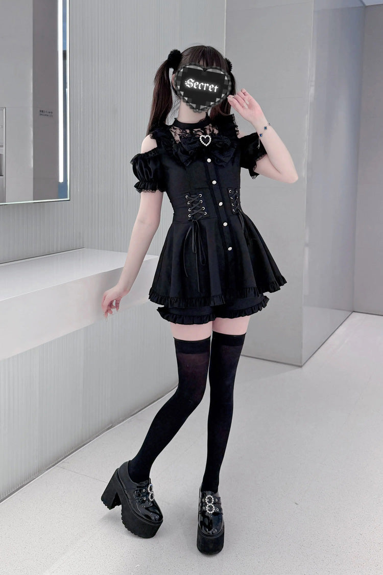 [Silver Candle Elegy”] Short Sleeves Printed Ruffled Cut-Out Bow Gothic Jirai Kei Top and Shorts Set 2 Colors - Product - 6