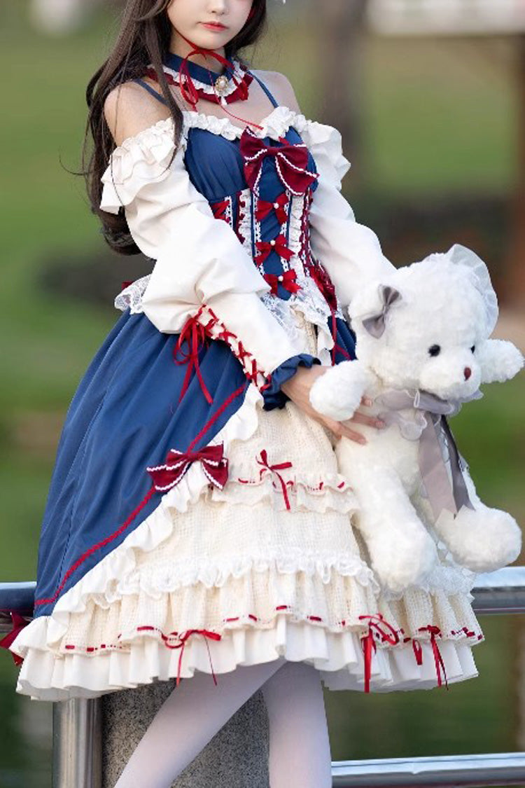 White/Blue Snow White Love Song Ruffle Cardigan Bowknot Long Sweet Lolita Dress - White/Blue - 1