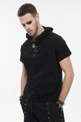 Black Hooded Mesh Splice Zipper Back Openwork Lace-Up Casual Short Sleeve Men's Punk T-Shirt - Product - 2