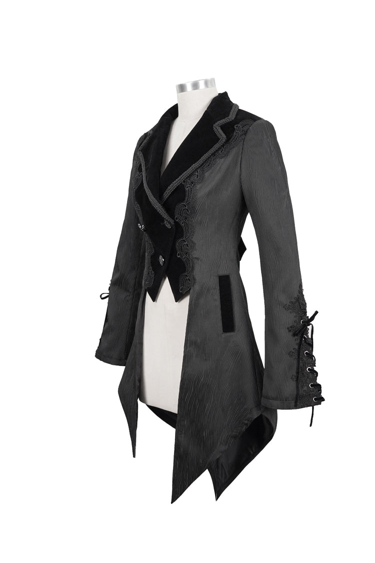 Black Front Decals Metal Button Lace-Up Cuff Dovetail Hem Striped Jacquard Women's Gothic Coat - Product - 9