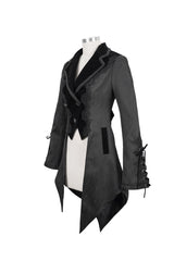Black Front Decals Metal Button Lace-Up Cuff Dovetail Hem Striped Jacquard Women's Gothic Coat - Product - 9