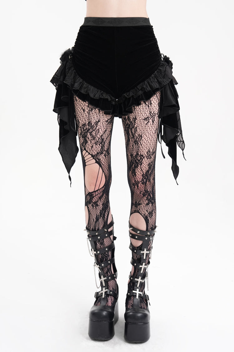 Black Plumed Ruffle Mesh Women's Gothic Shorts - Black - 1