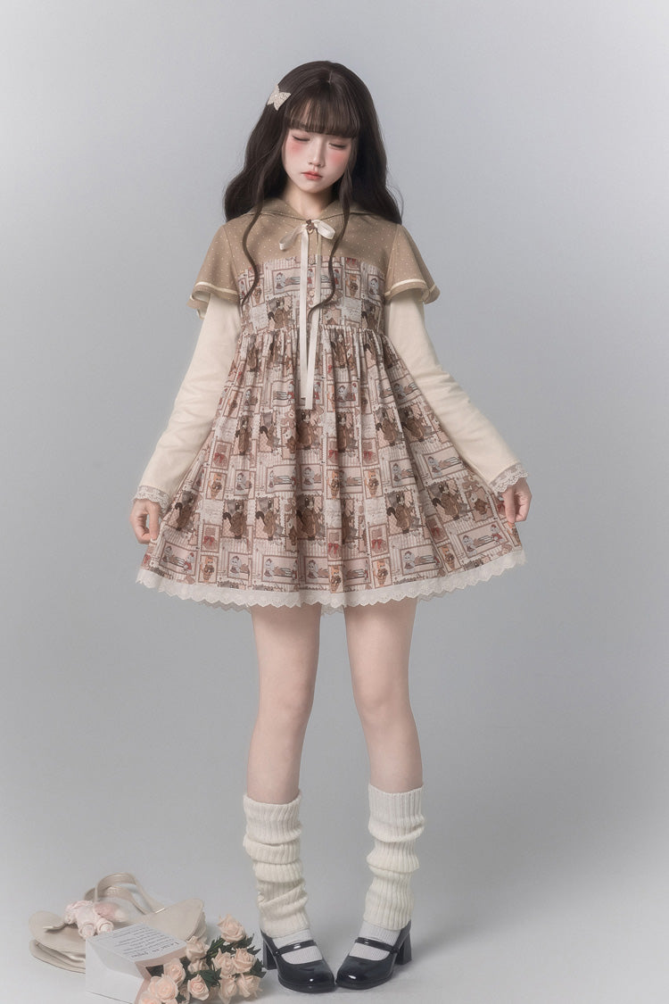 Brown [Bear Stamp] Long Sleeves Printed Hooded Sweet Lolita Dress - Brown - 1