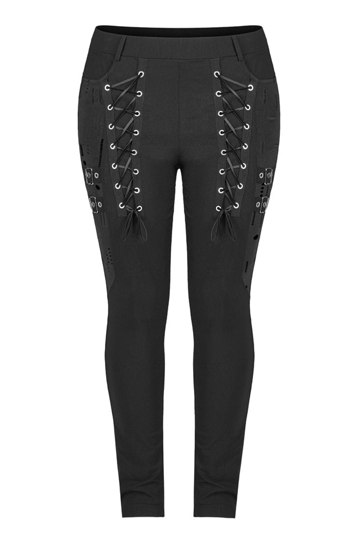 Black Elasticity Knitting Holes Design Cross Tied Rope Decoration Sexy Tight Women's Plus Size Punk Trousers - Product - 5