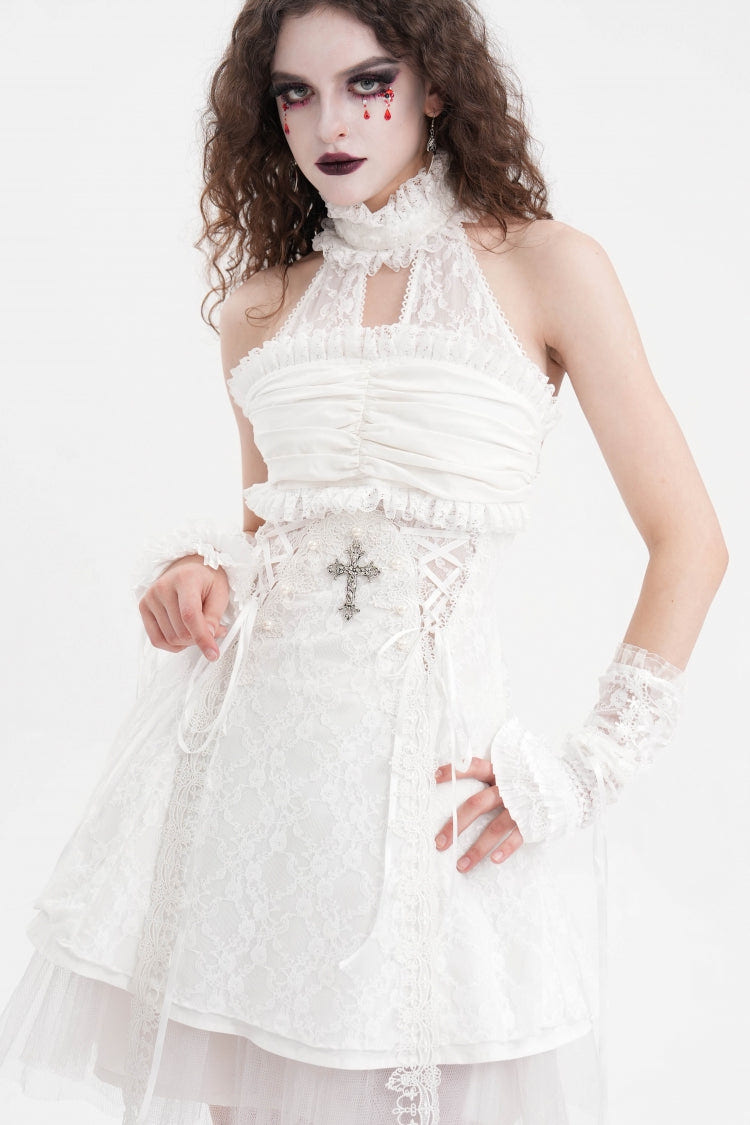 White Bow Lace Lace-Up Mesh Eyelet Women's Gothic Gorgeous Palace Arm Sleeves - Product - 8
