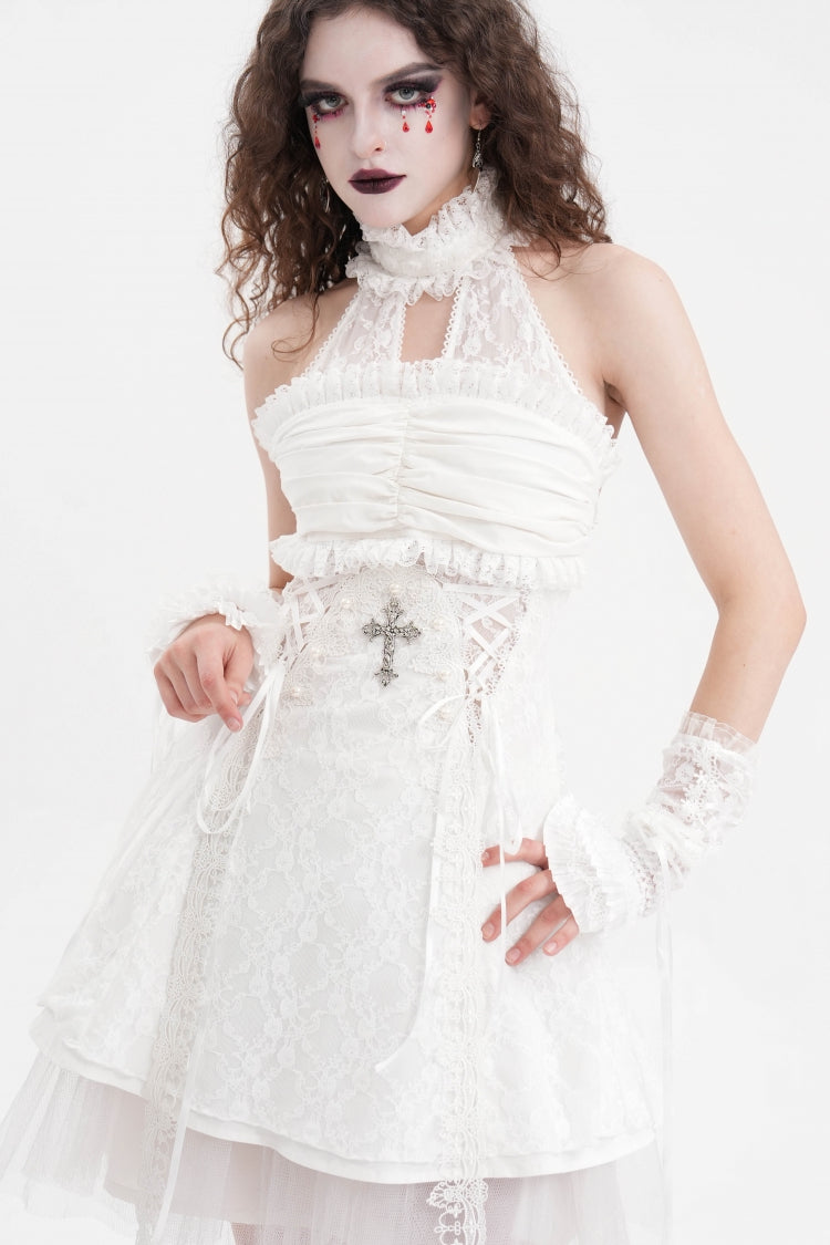 White Bow Lace Lace-Up Mesh Eyelet Women's Gothic Gorgeous Palace Arm Sleeves - Product - 8