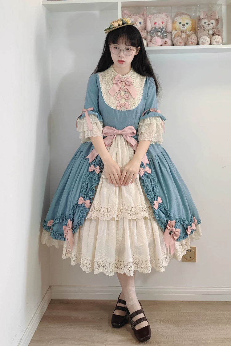 Blue [Lilica Garden] Lapel Collar Short Trumpet Sleeves Ruffled Open-Front Bow Lace Sweet Elegant Luxurious Lolita Dress - Product - 6