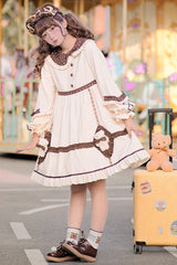 Beige Round Collar Lantern Sleeves Cute Bear Sweet Lolita OP Dress - Product - 4