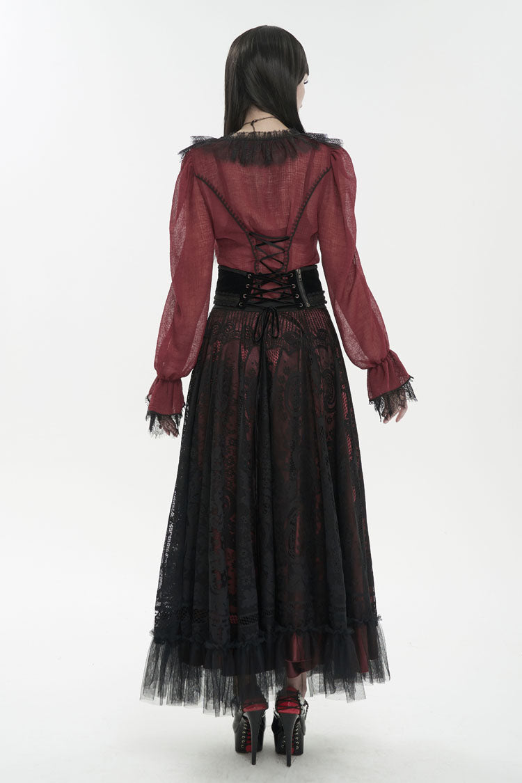 Red Thin Waist Plaid Stitching Layered Lace Long Sleeves Women's Gothic Shirt - Product - 5