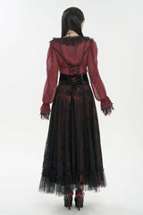 Red Thin Waist Plaid Stitching Layered Lace Long Sleeves Women's Gothic Shirt - Product - 5