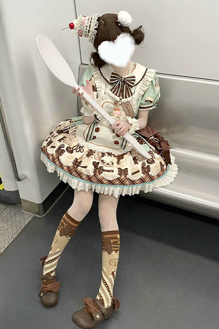 Brown [Peppermint Chocolate] Chocolate Cake Bear Print Ruffle Bowknot Lace-Up Sweet Lolita Dress - Product - 17