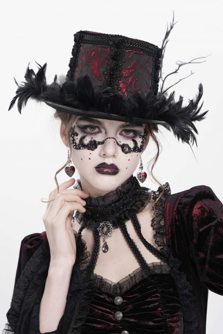 Red Embroidered Women's Gothic Gorgeous Floral Feather Hat - Red - 1
