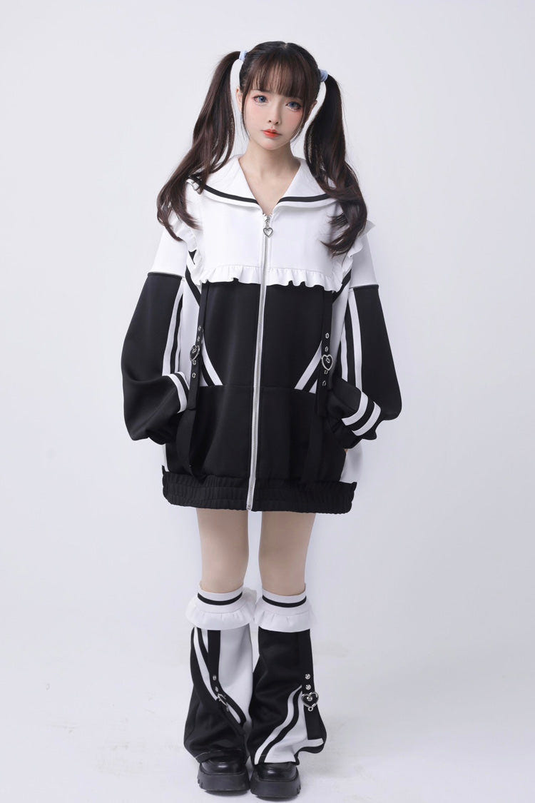 Jirai Kei Long Sleeves Ruffle Color Matching Zipper Coat 3 Colors - Black/White - 3