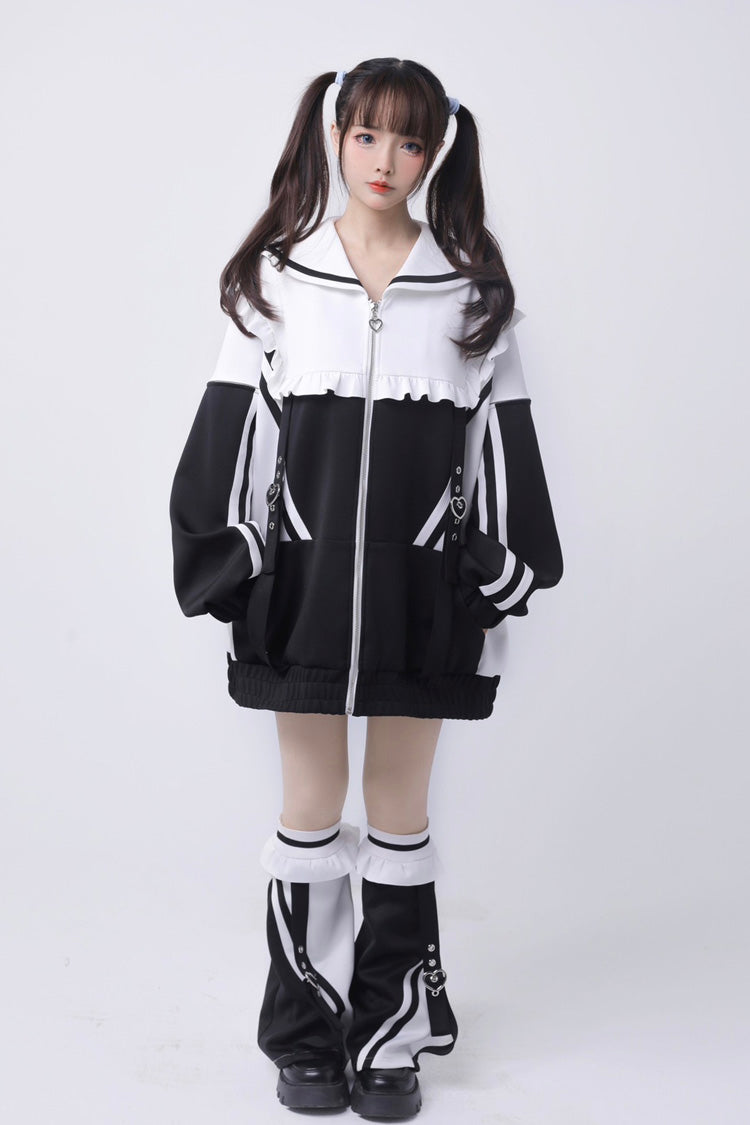 Jirai Kei Long Sleeves Ruffle Color Matching Zipper Coat 3 Colors - Black/White - 3