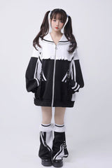 Jirai Kei Long Sleeves Ruffle Color Matching Zipper Coat 3 Colors - Black/White - 3
