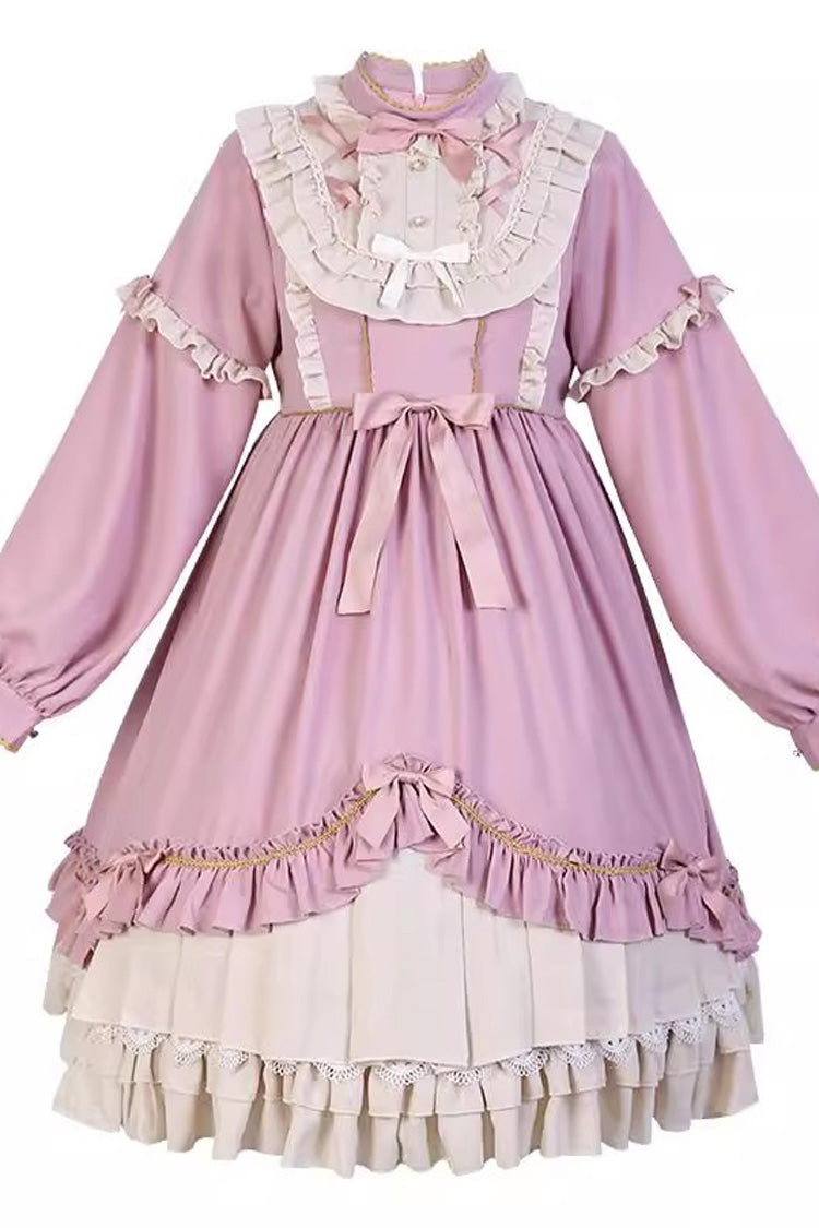 Pink Long Sleeves Ruffle Bowknot Daily Sweet Princess Lolita Dress - Product - 3