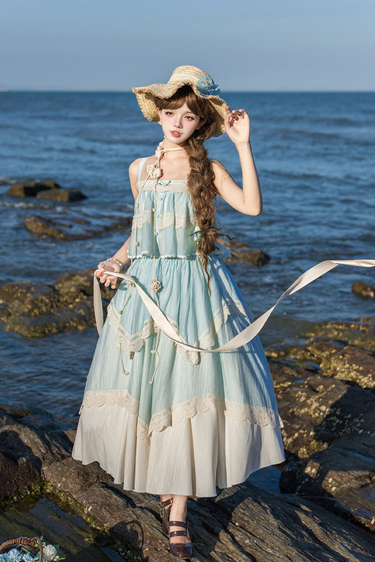 [Summer of Bluebells] Square Collar Sleeveless Jacquard Ruffled Asymmetric Sweet Lolita Skirt Set 2 Colors (Blue/Green, Ivory) - Product - 19
