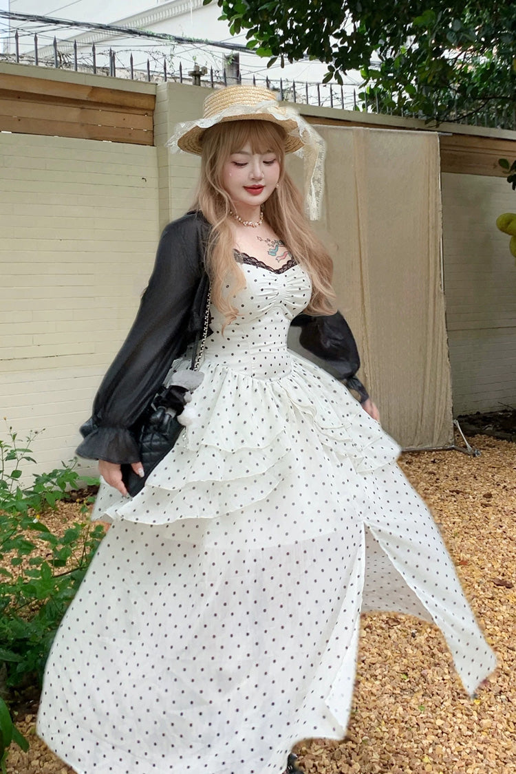 Black/White Square Collar Sleeveless Polka Dot Printed Ruffled Lace Sweet Plus Size Lolita Jsk Dress - Product - 12