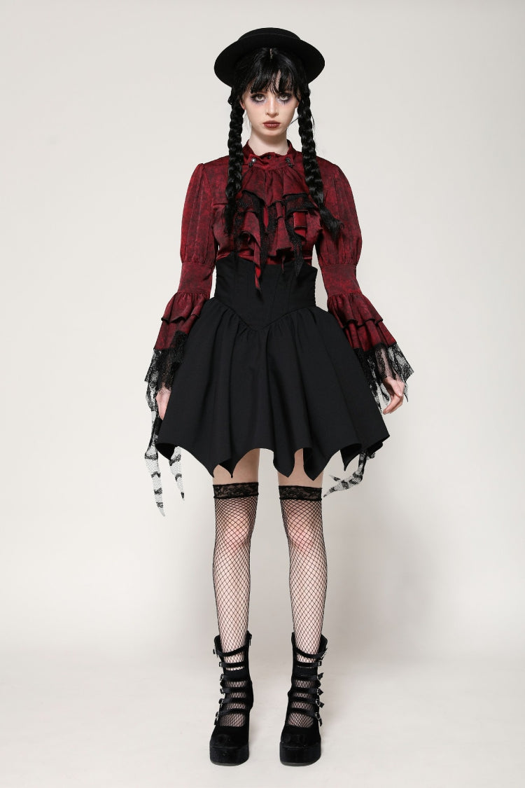 Red Multi-Layered Frilly Lace Long Hime Sleeves Lace-Up Women's Gothic Blouse - Red - 1