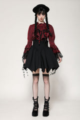 Red Multi-Layered Frilly Lace Long Hime Sleeves Lace-Up Women's Gothic Blouse - Red - 1